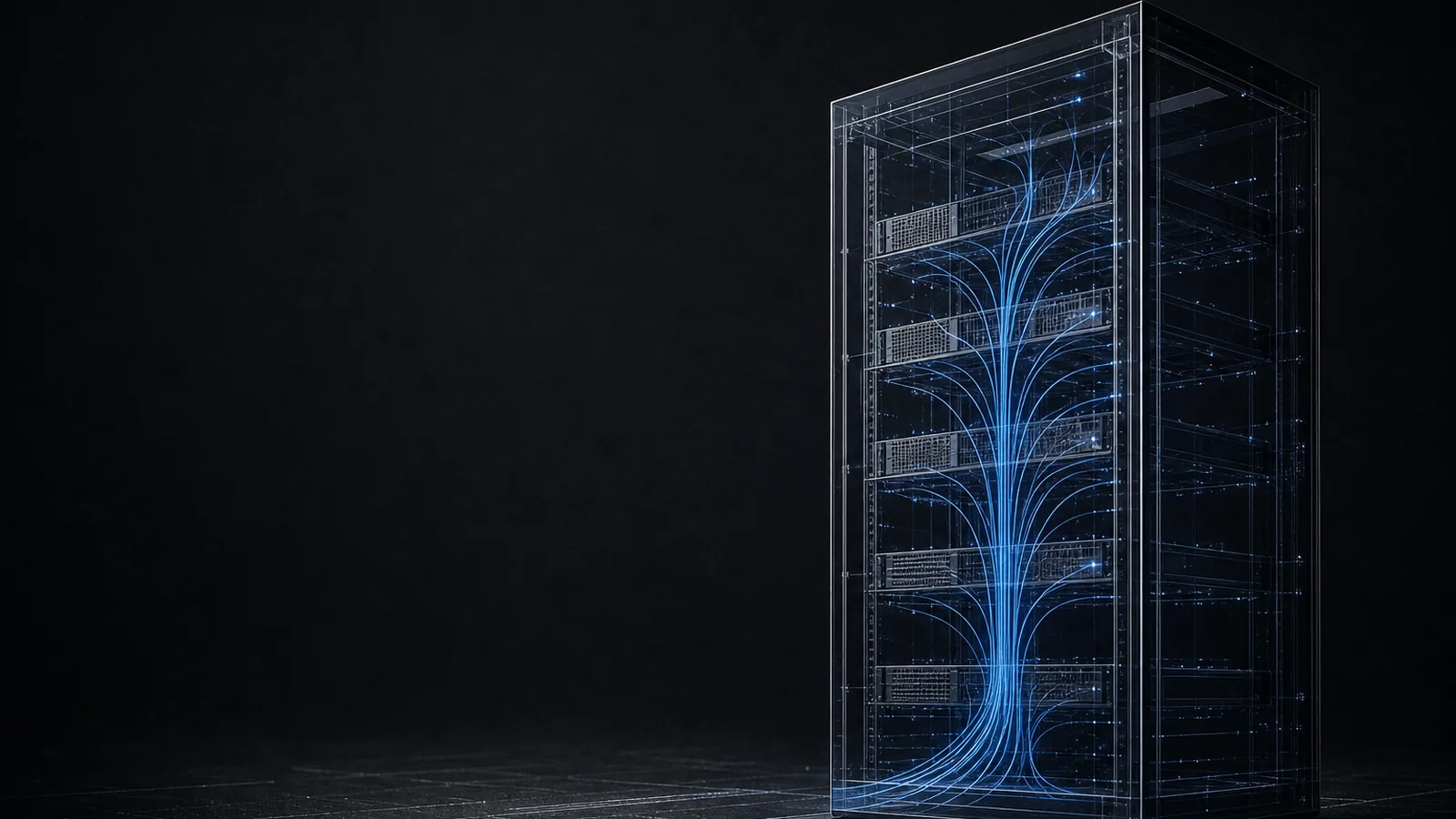 A translucent server rack with glowing blue lines arcing upward between its shelves, representing data flow and growing backend engineering demand.