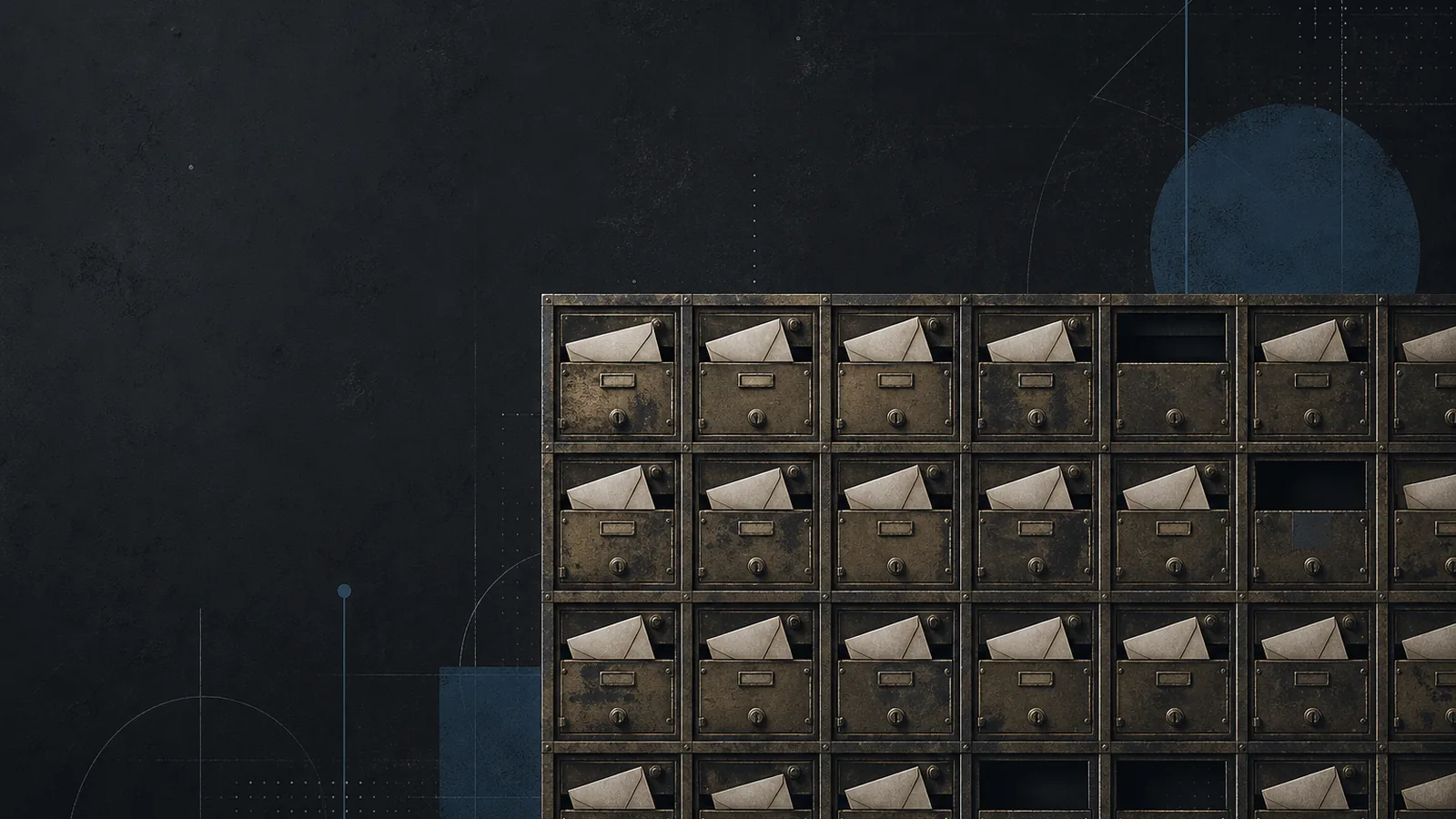 Rows of old brass mailboxes on a dark wall, most still holding a letter, a few empty; the sense of things left up long past their time