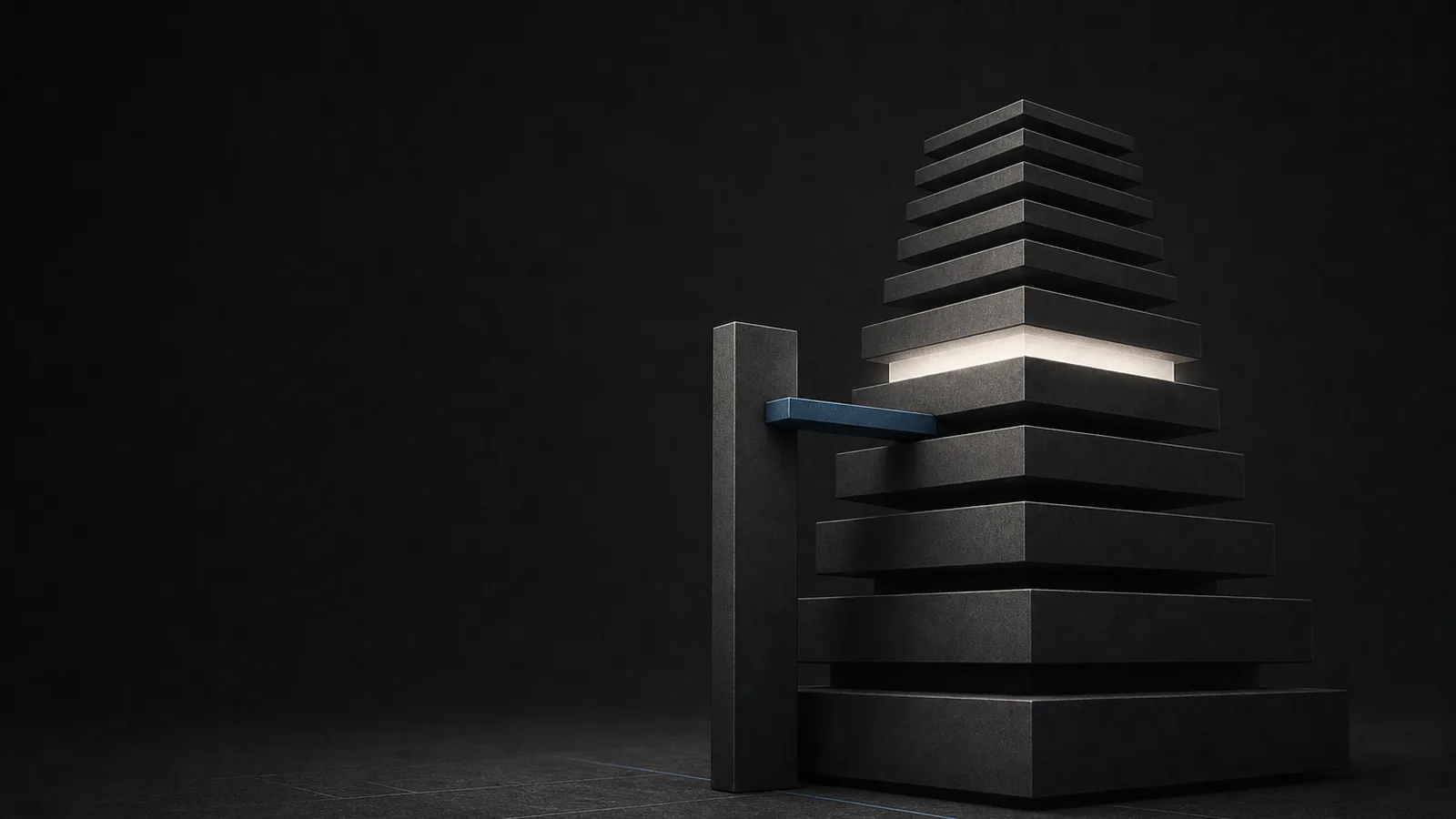 A tall stack of matte graphite slabs of increasing thickness rising from a dark floor, the slab two-thirds up lit softly from within, a measuring ledge beside it; abstract, no mark