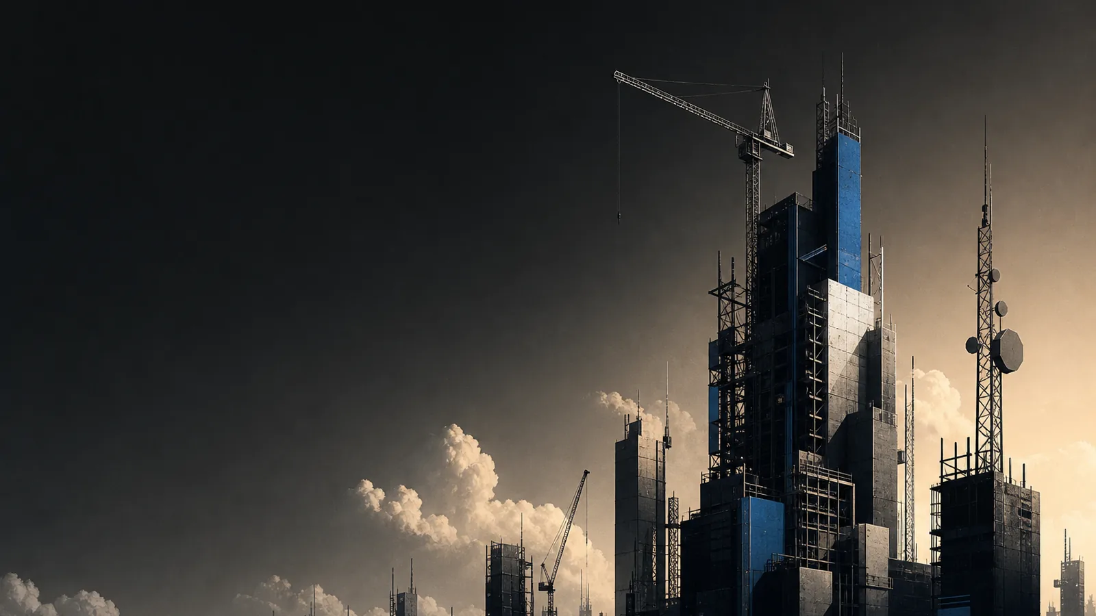 A wide landscape of structural forms at different heights, like buildings, cranes, and antennae silhouetted against a warm-toned sky, evoking varied growth and change without any cha
